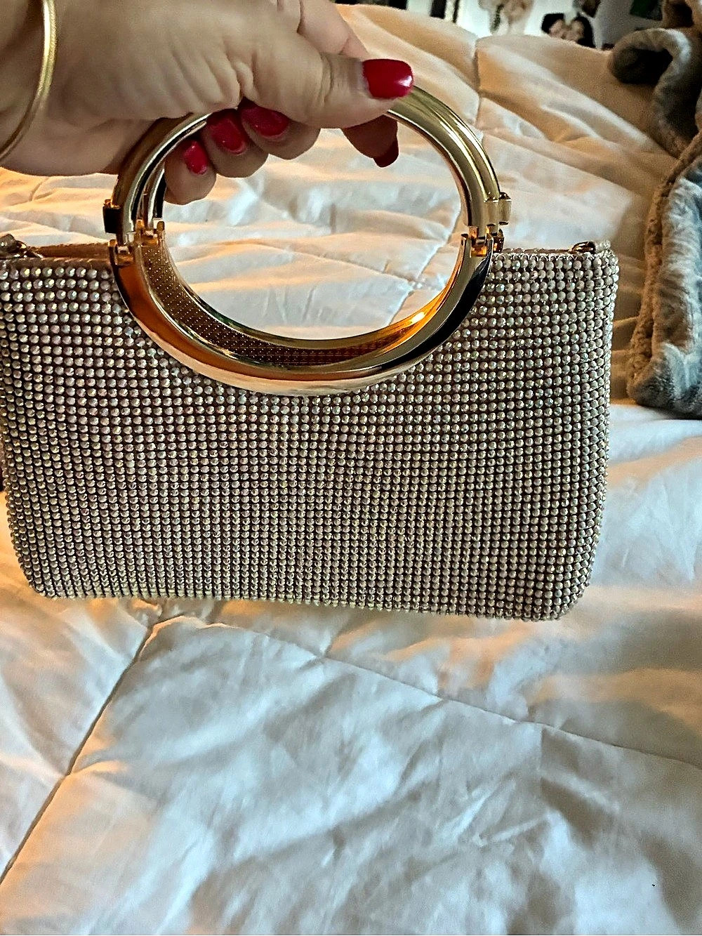 Jessica McClintock Rhinestone Ring Handle Clutch in Silver & Gold Like New